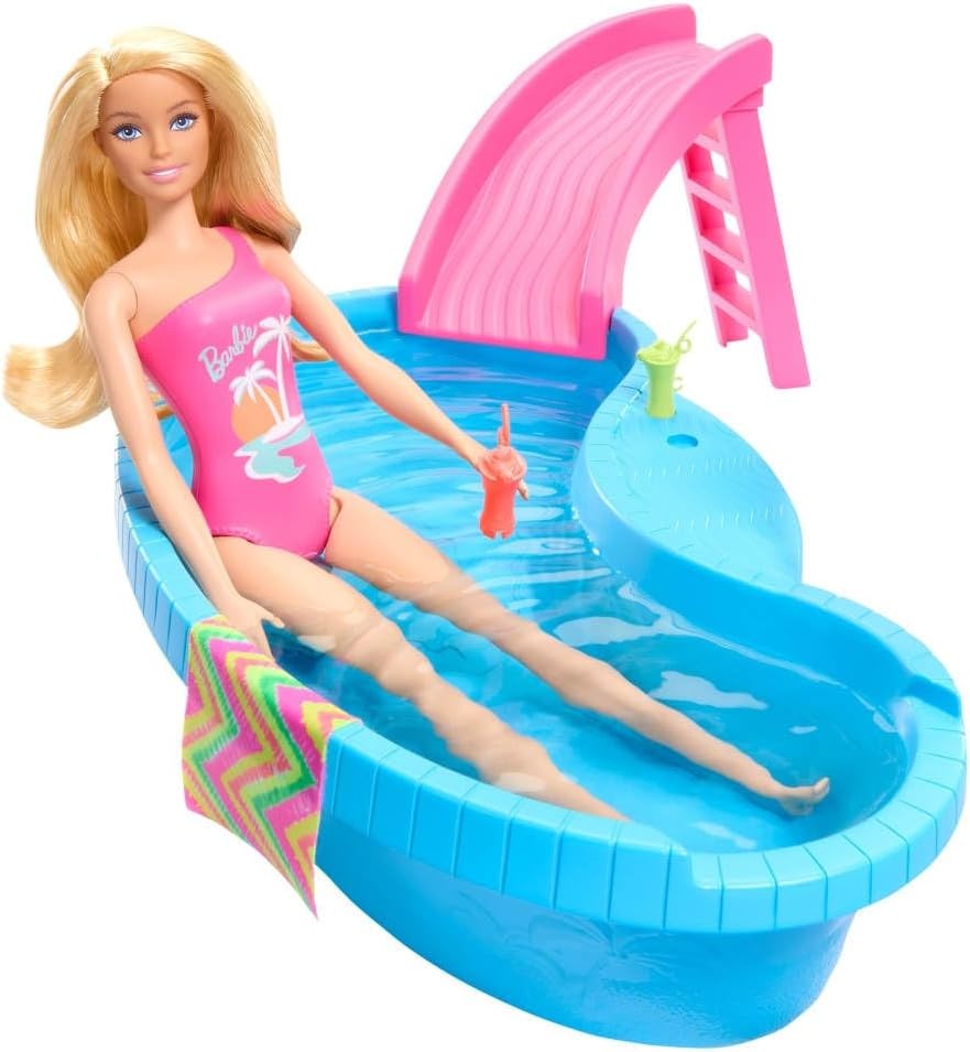 imageBarbie Doll amp Pool Playset Blonde in Tropical Pink OnePiece Swimsuit with Pool Slide Towel amp Drink AccessoriesBlonde in Tropical Pink