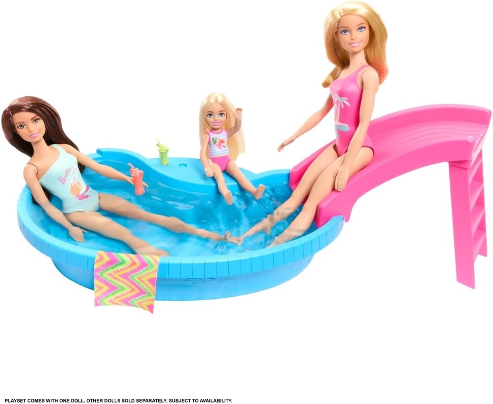 imageBarbie Doll amp Pool Playset Blonde in Tropical Pink OnePiece Swimsuit with Pool Slide Towel amp Drink AccessoriesBlonde in Tropical Pink