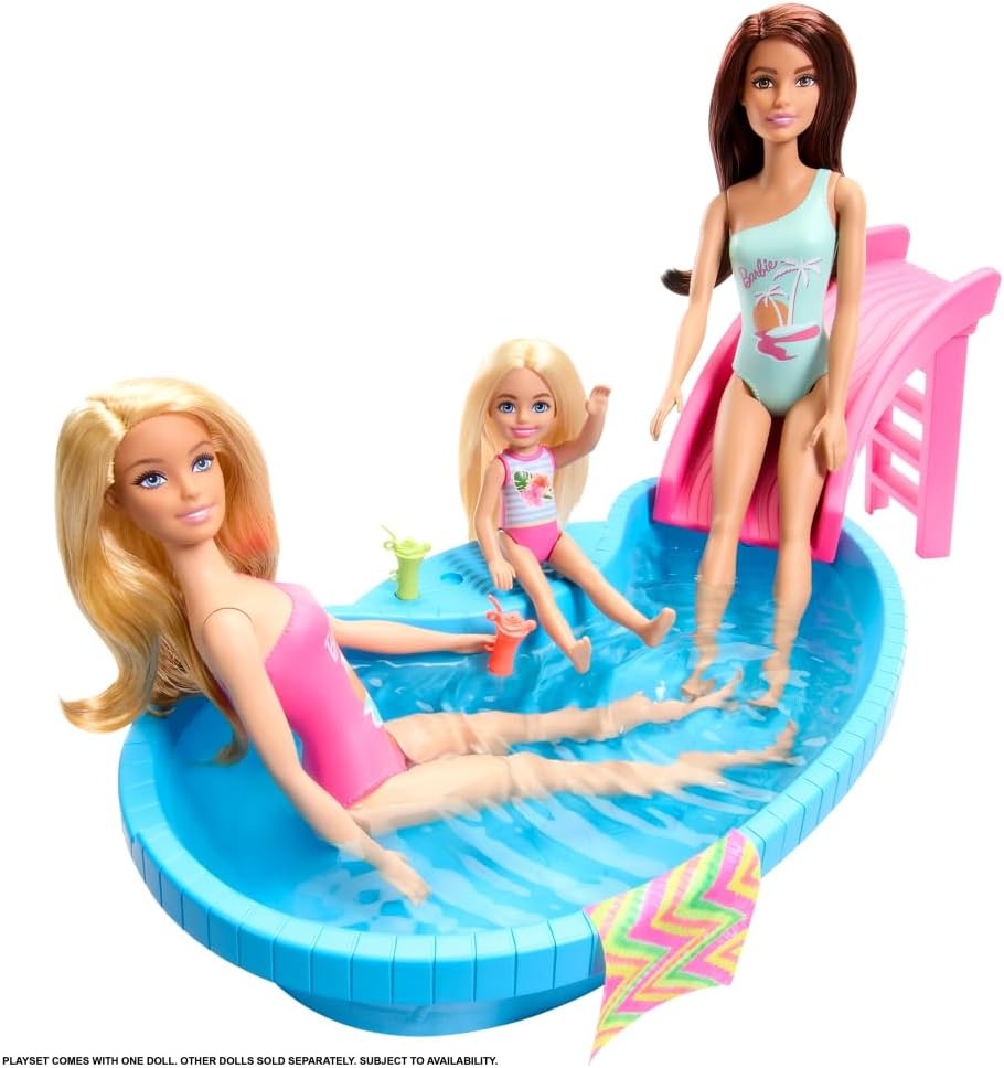imageBarbie Doll amp Pool Playset Blonde in Tropical Pink OnePiece Swimsuit with Pool Slide Towel amp Drink AccessoriesBlonde in Tropical Pink