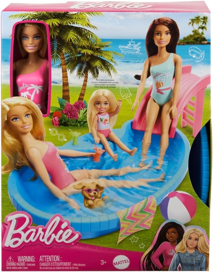 imageBarbie Doll amp Pool Playset Blonde in Tropical Pink OnePiece Swimsuit with Pool Slide Towel amp Drink AccessoriesBlonde in Tropical Pink