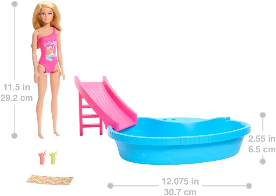 imageBarbie Doll amp Pool Playset Blonde in Tropical Pink OnePiece Swimsuit with Pool Slide Towel amp Drink AccessoriesBlonde in Tropical Pink