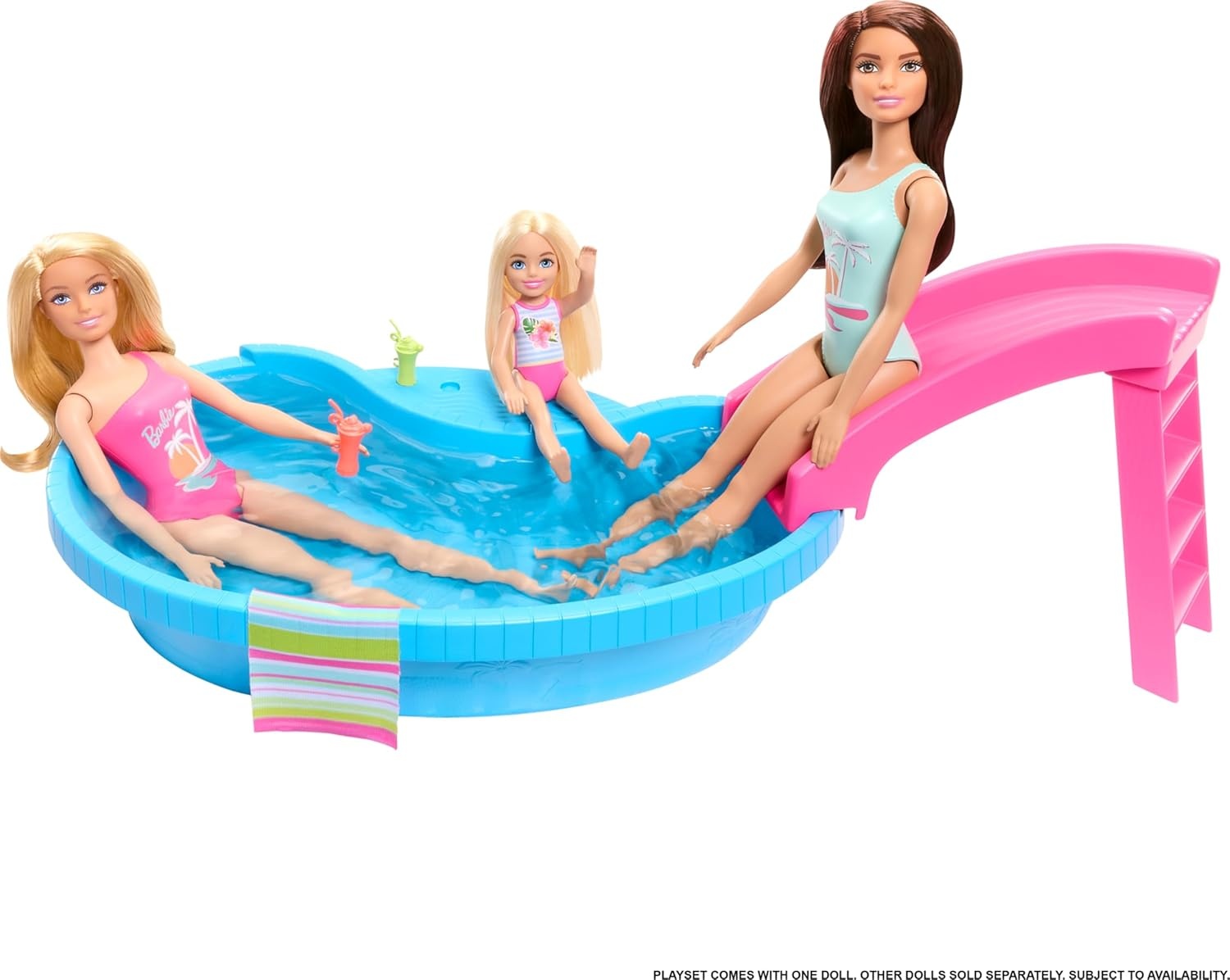 imageBarbie Doll amp Pool Playset Blonde in Tropical Pink OnePiece Swimsuit with Pool Slide Towel amp Drink AccessoriesBrunette in Seafoam Blue