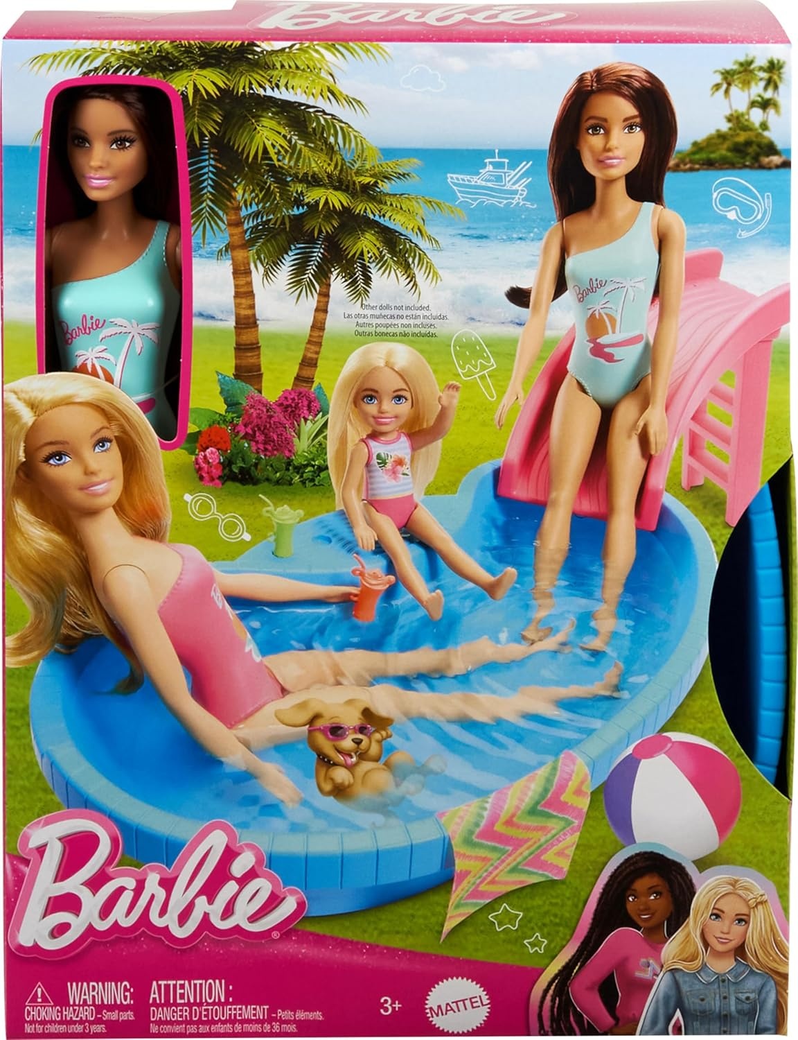 imageBarbie Doll amp Pool Playset Blonde in Tropical Pink OnePiece Swimsuit with Pool Slide Towel amp Drink AccessoriesBrunette in Seafoam Blue