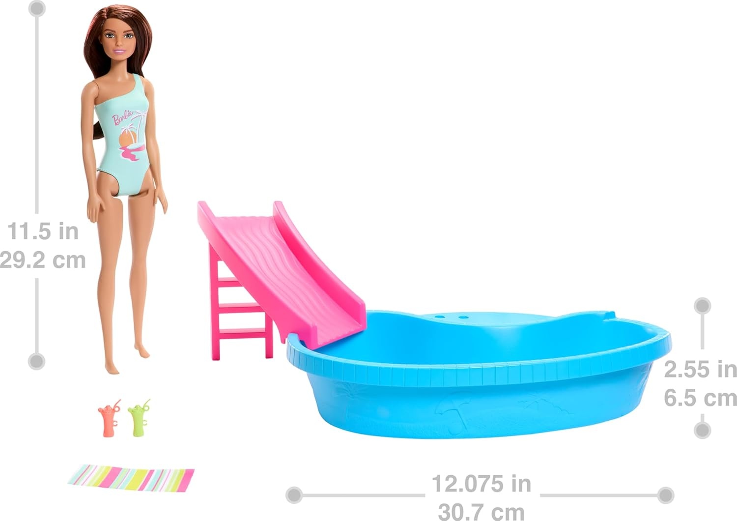 imageBarbie Doll amp Pool Playset Blonde in Tropical Pink OnePiece Swimsuit with Pool Slide Towel amp Drink AccessoriesBrunette in Seafoam Blue