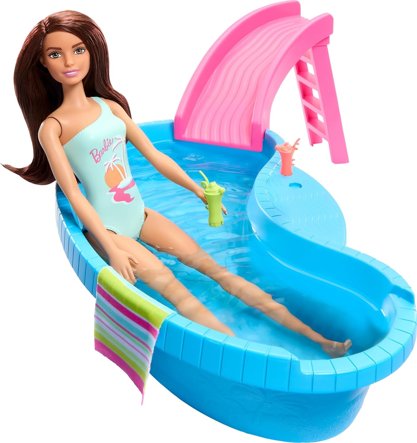 imageBarbie Doll amp Pool Playset Blonde in Tropical Pink OnePiece Swimsuit with Pool Slide Towel amp Drink AccessoriesBrunette in Seafoam Blue