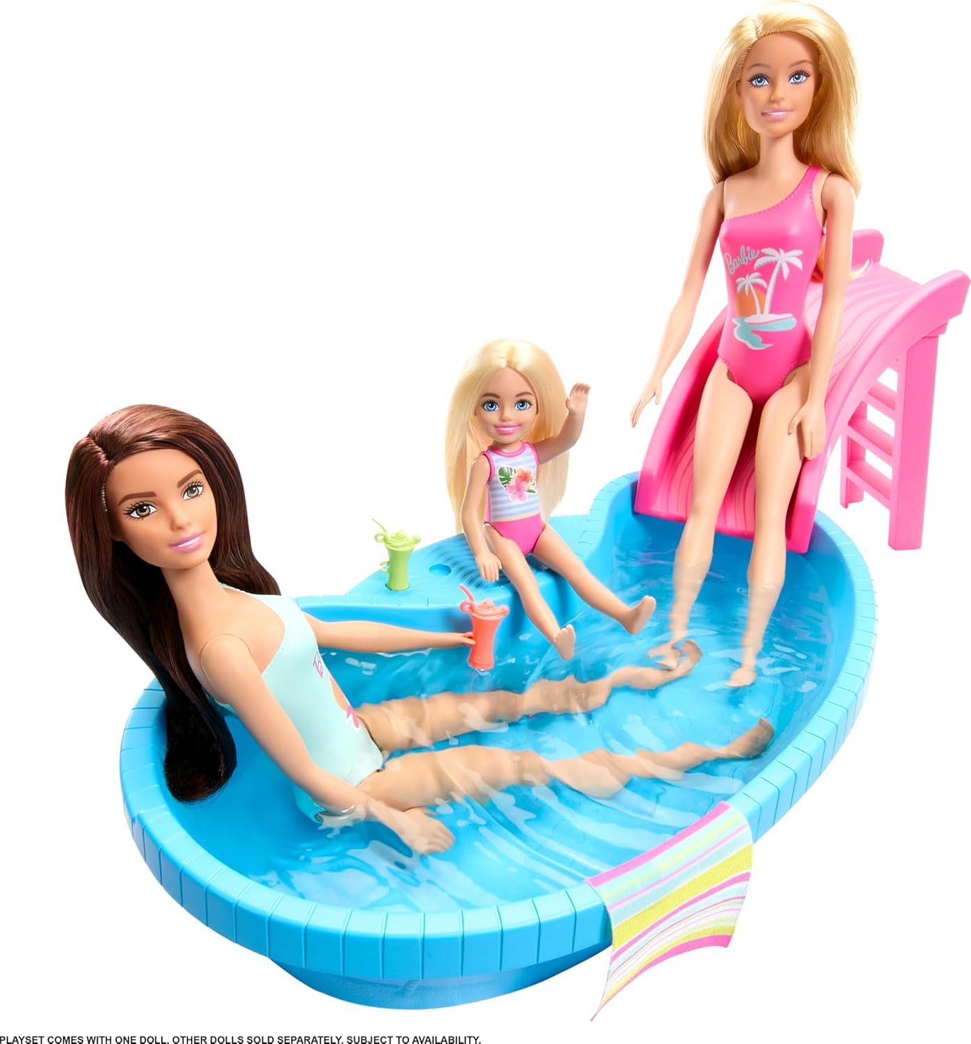 imageBarbie Doll amp Pool Playset Blonde in Tropical Pink OnePiece Swimsuit with Pool Slide Towel amp Drink AccessoriesBrunette in Seafoam Blue