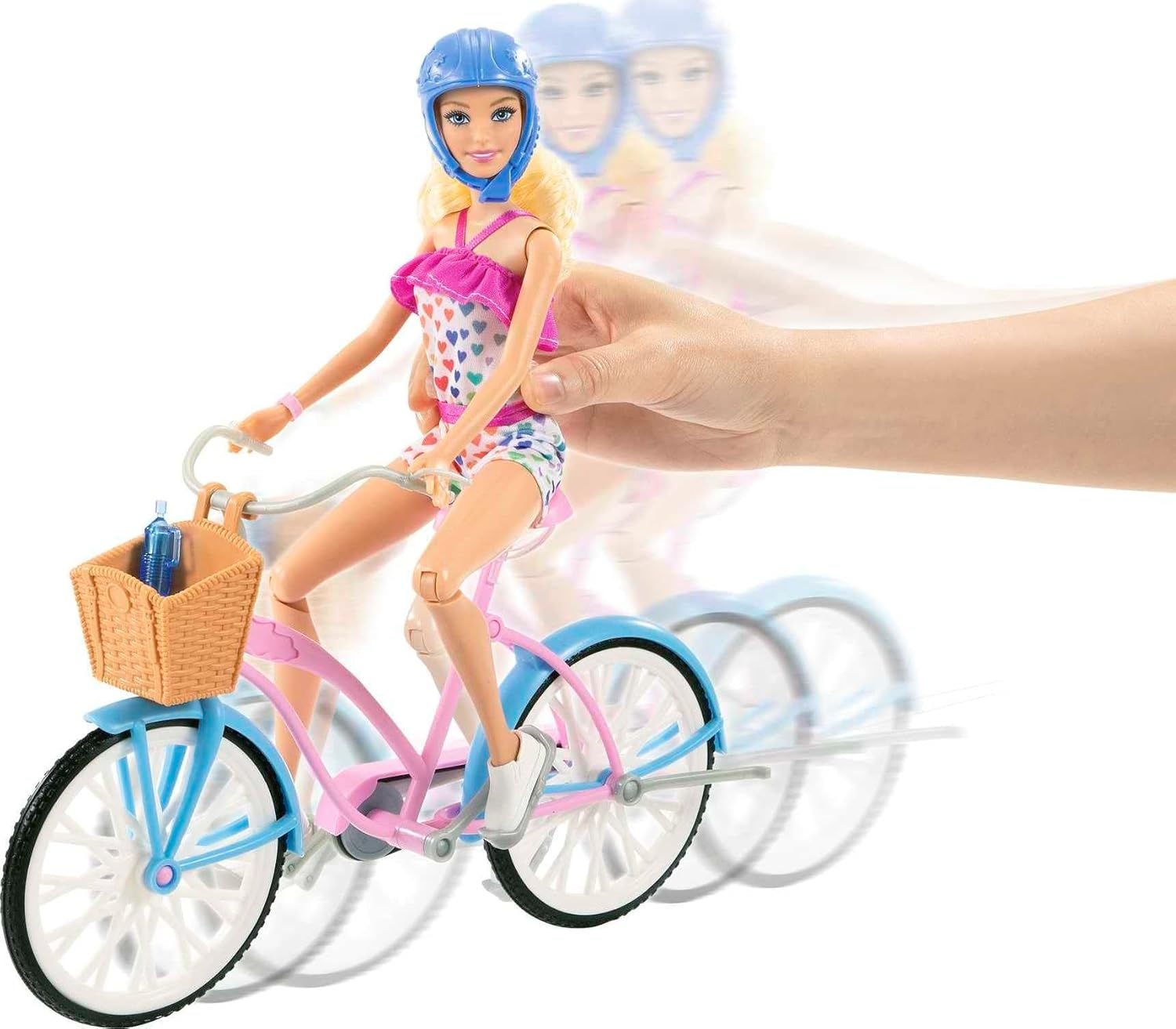 imageBarbie Doll and Bike Playset with Doll 115 in Blonde Bicycle with Rolling Wheels amp Water Bottle Accessory Gift for 3 to 7 Year Olds