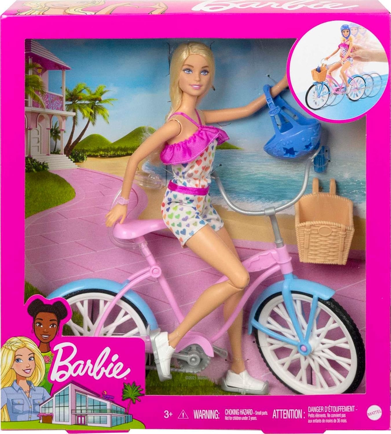 imageBarbie Doll and Bike Playset with Doll 115 in Blonde Bicycle with Rolling Wheels amp Water Bottle Accessory Gift for 3 to 7 Year Olds