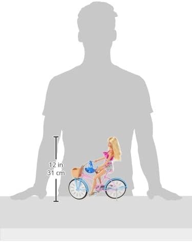 imageBarbie Doll and Bike Playset with Doll 115 in Blonde Bicycle with Rolling Wheels amp Water Bottle Accessory Gift for 3 to 7 Year Olds