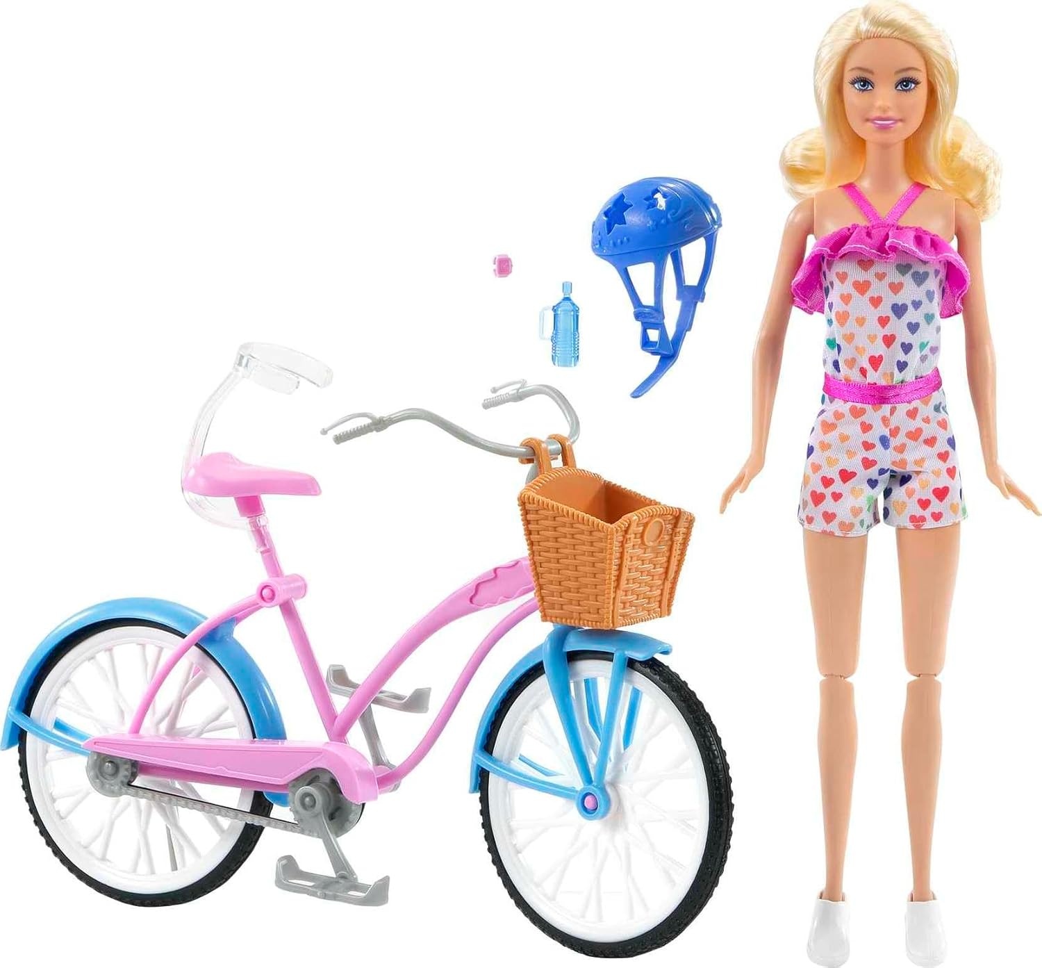 imageBarbie Doll and Bike Playset with Doll 115 in Blonde Bicycle with Rolling Wheels amp Water Bottle Accessory Gift for 3 to 7 Year Olds