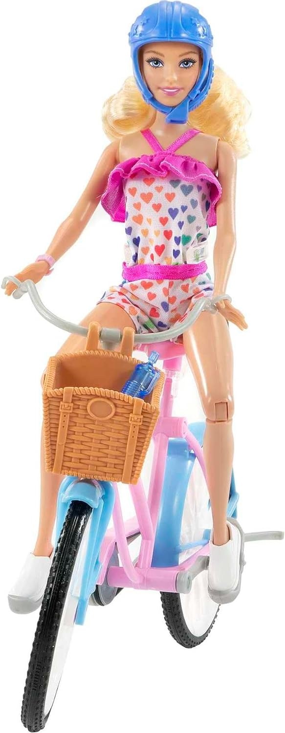 imageBarbie Doll and Bike Playset with Doll 115 in Blonde Bicycle with Rolling Wheels amp Water Bottle Accessory Gift for 3 to 7 Year Olds