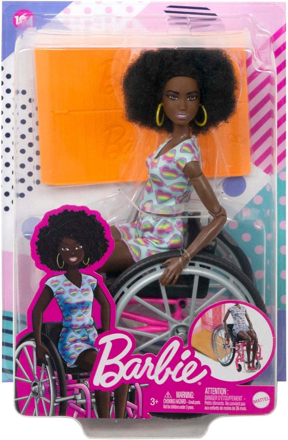 imageBarbie Doll with Wheelchair and Ramp Kids Toys Barbie Fashionistas Curly Black Hair Rainbow Heart Romper Clothes and Accessories