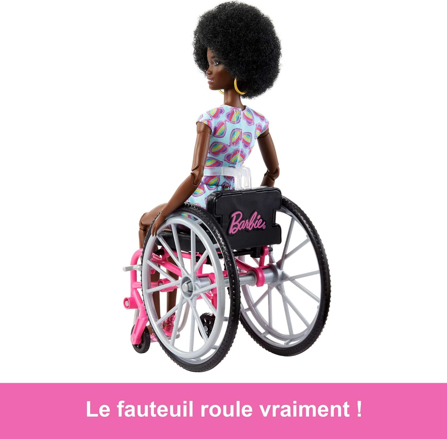 imageBarbie Doll with Wheelchair and Ramp Kids Toys Barbie Fashionistas Curly Black Hair Rainbow Heart Romper Clothes and Accessories