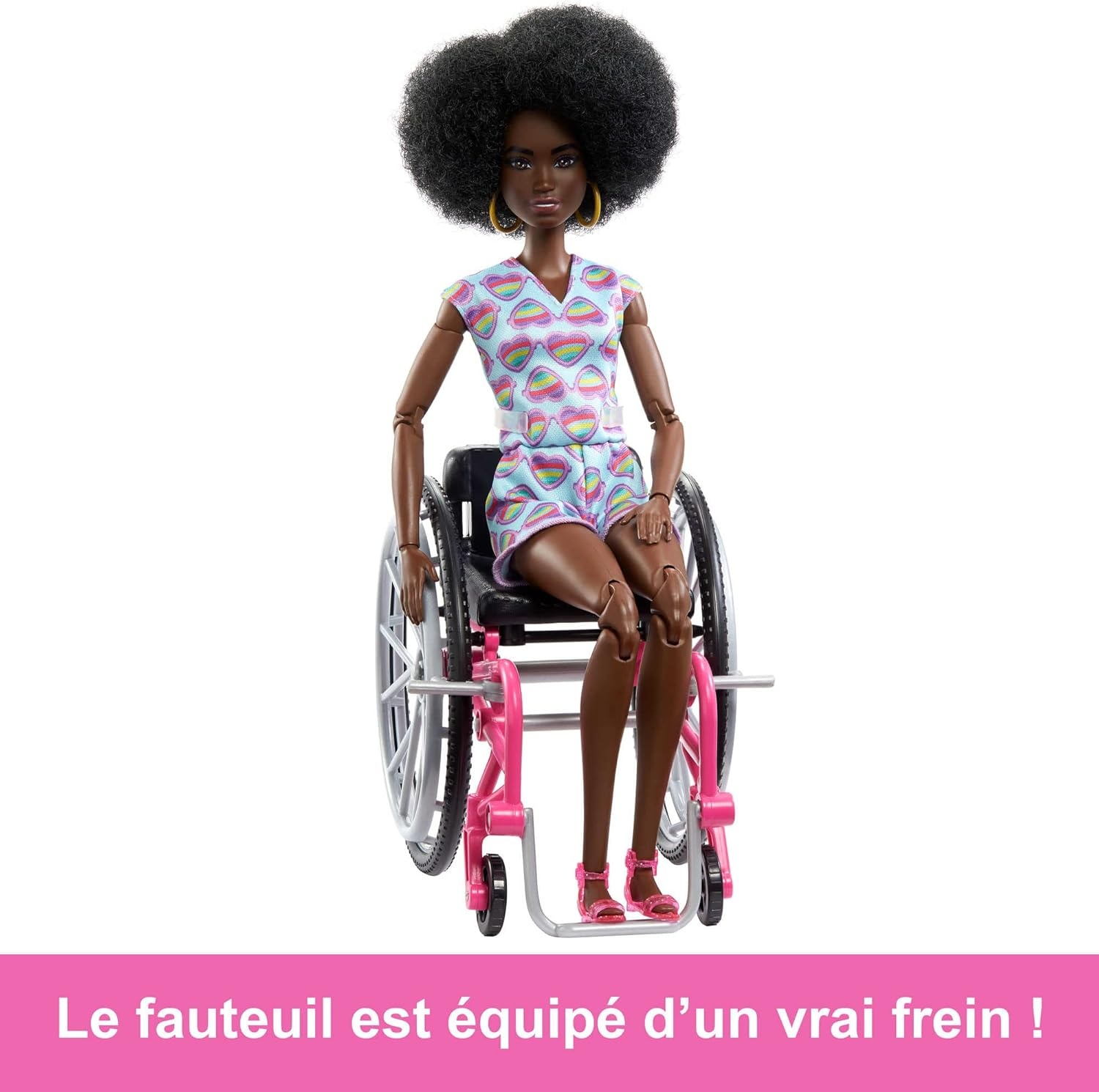 imageBarbie Doll with Wheelchair and Ramp Kids Toys Barbie Fashionistas Curly Black Hair Rainbow Heart Romper Clothes and Accessories