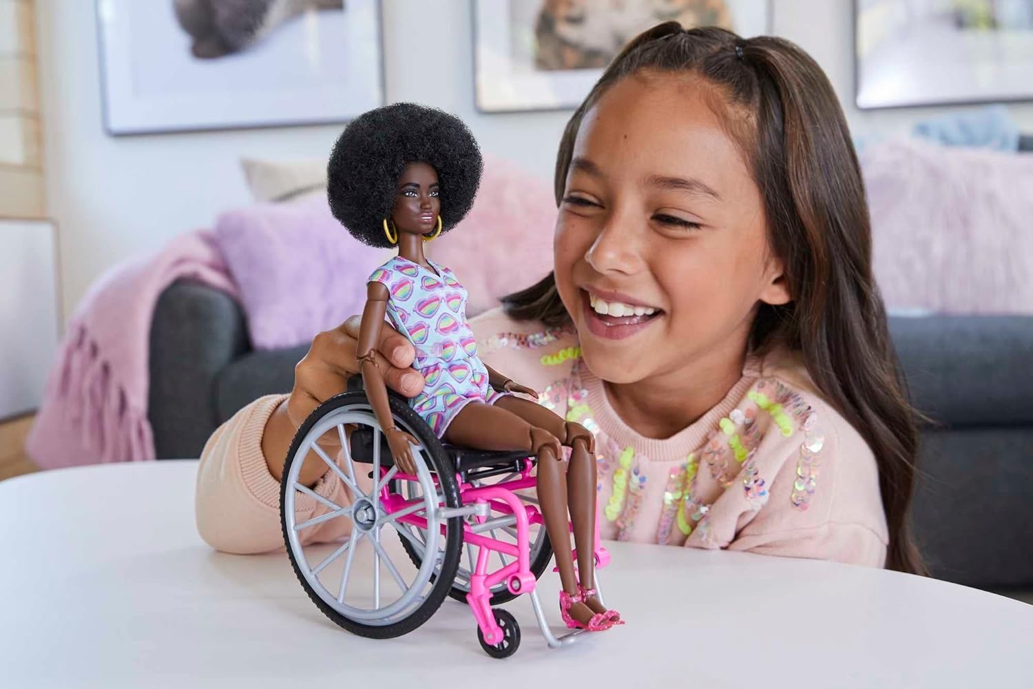 imageBarbie Doll with Wheelchair and Ramp Kids Toys Barbie Fashionistas Curly Black Hair Rainbow Heart Romper Clothes and Accessories