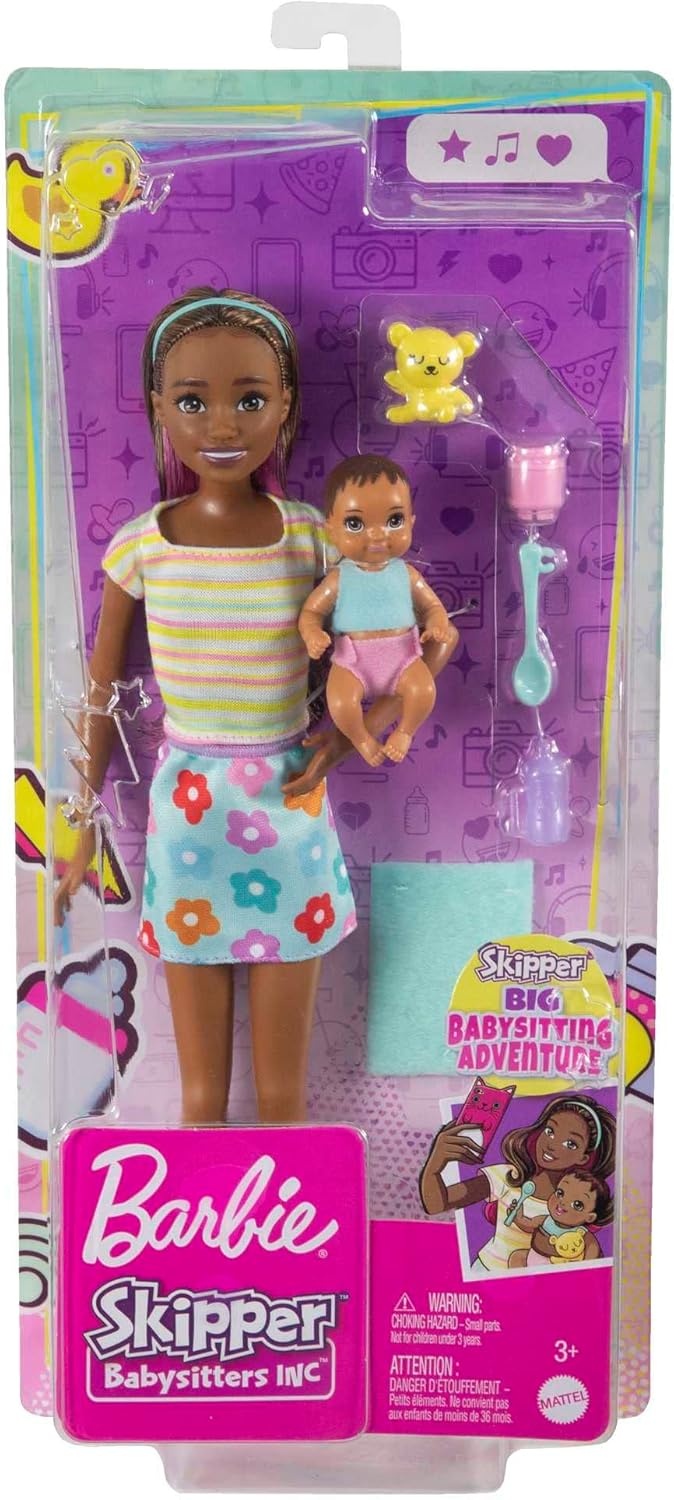 imageBarbie Dolls and Accessories Skipper Doll TwoTone Hair with Baby Figure and 5 Accessories Babysitters Inc Playset Multicolor HJY32Multicolor