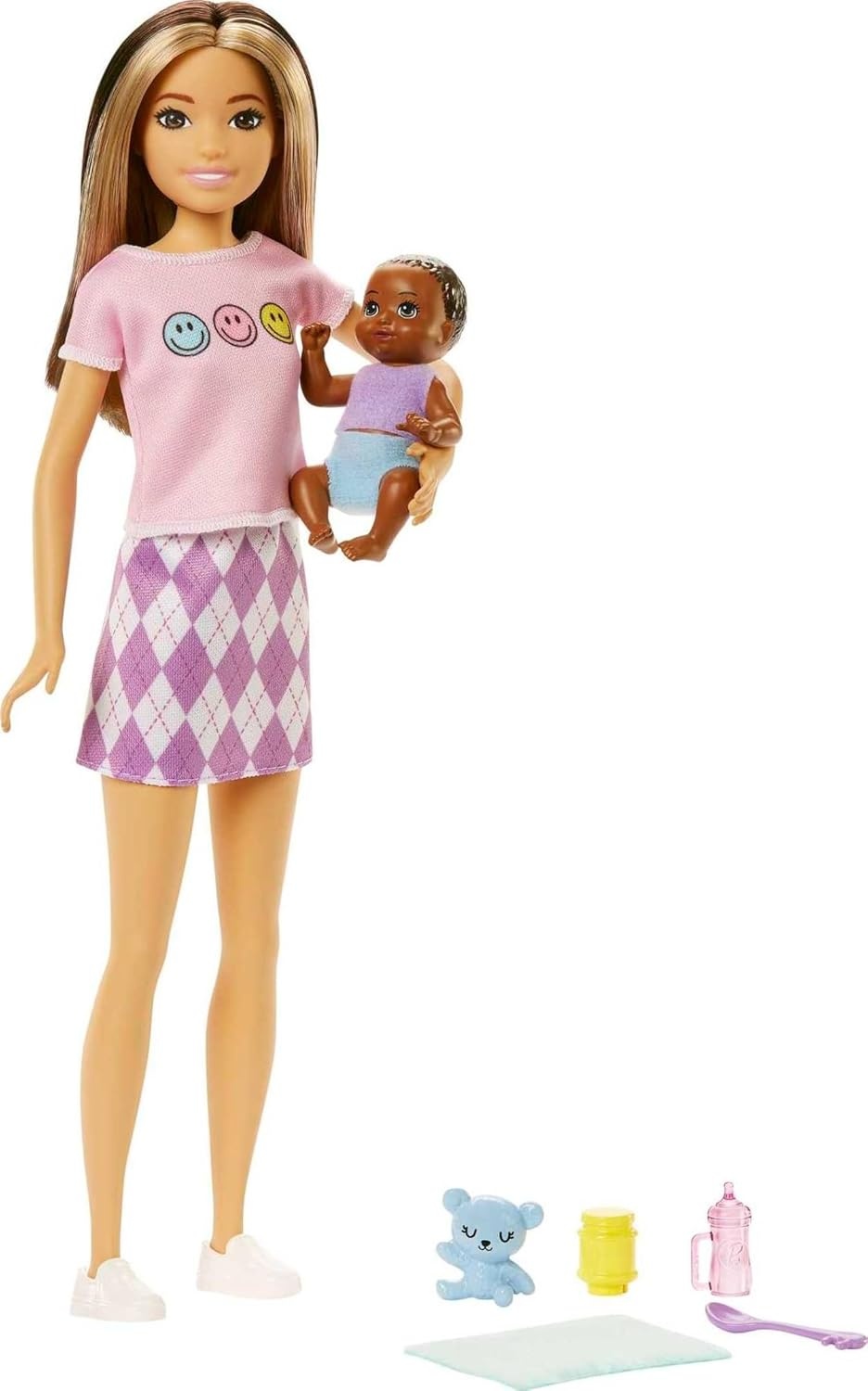 imageBarbie Dolls and Accessories Skipper Doll TwoTone Hair with Baby Figure and 5 Accessories Babysitters Inc Playset Multicolor HJY32Multicolor