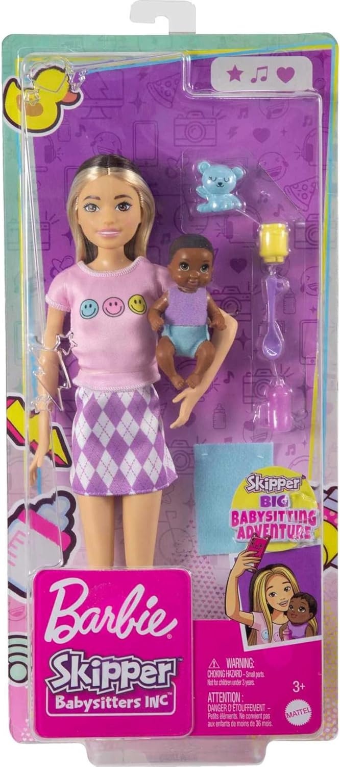 imageBarbie Dolls and Accessories Skipper Doll TwoTone Hair with Baby Figure and 5 Accessories Babysitters Inc Playset Multicolor HJY32Multicolor