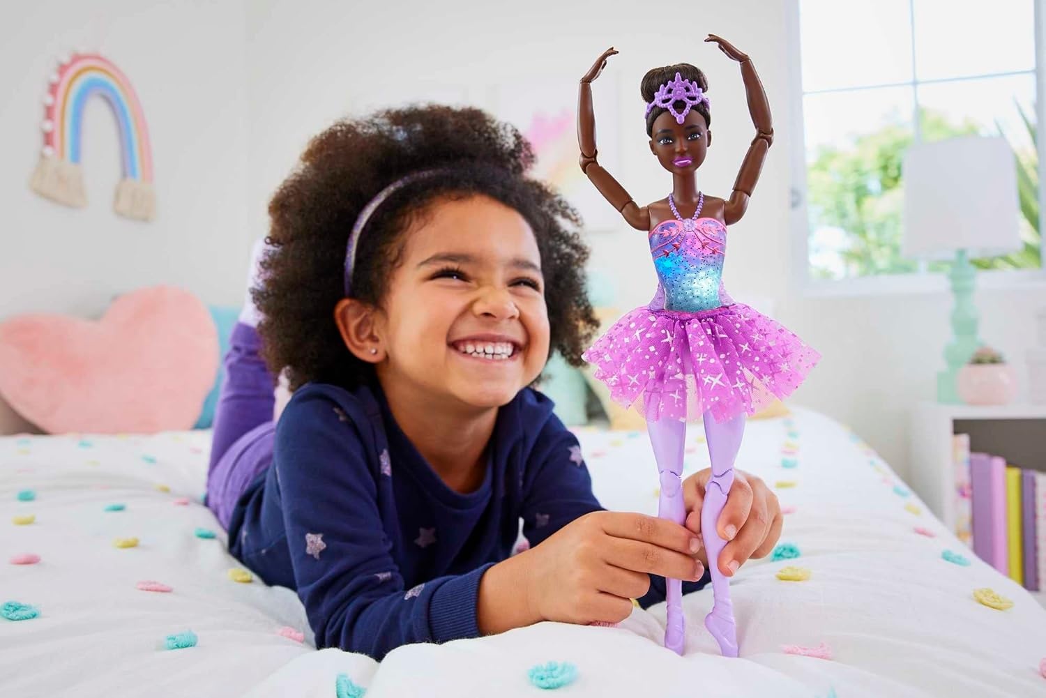 imageBarbie Dreamtopia Twinkle Lights Ballerina Doll with Brunette Hair amp LightUp Feature Wearing Removable Headband amp Purple TutuMulticolor