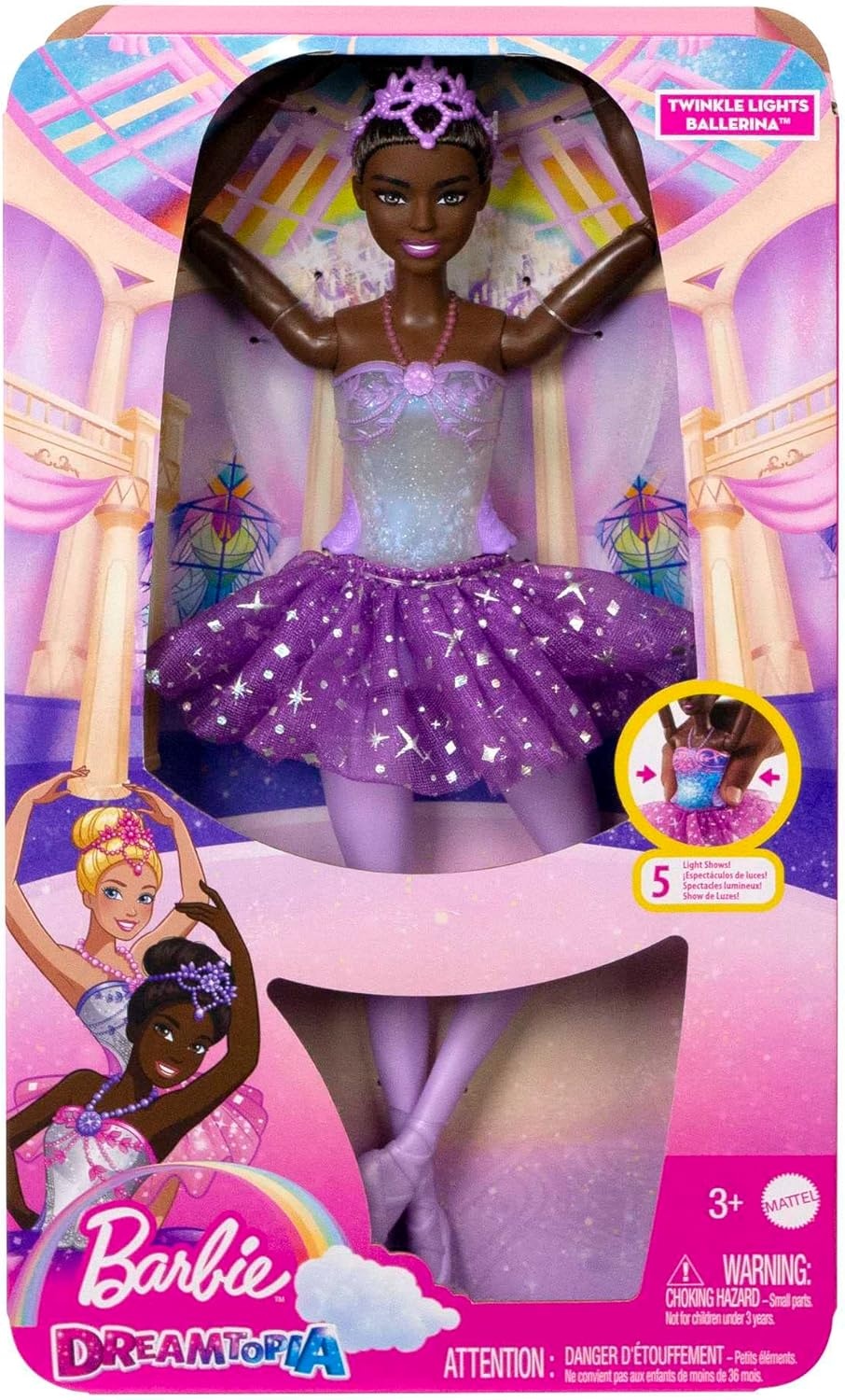imageBarbie Dreamtopia Twinkle Lights Ballerina Doll with Brunette Hair amp LightUp Feature Wearing Removable Headband amp Purple TutuMulticolor
