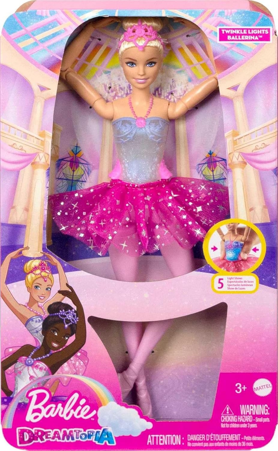 imageBarbie Dreamtopia Twinkle Lights Ballerina Doll with Brunette Hair amp LightUp Feature Wearing Removable Headband amp Purple TutuPink