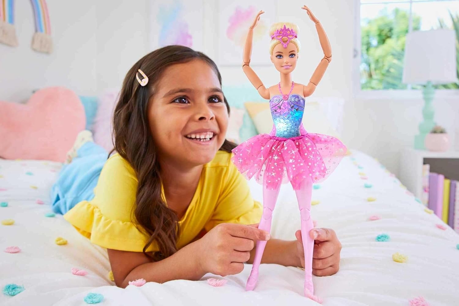 imageBarbie Dreamtopia Twinkle Lights Ballerina Doll with Brunette Hair amp LightUp Feature Wearing Removable Headband amp Purple TutuPink