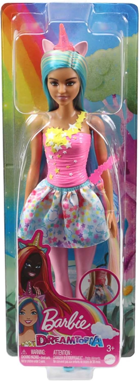 imageBarbie Dreamtopia Unicorn Fashion Doll with Blue amp Purple Hair Wesring Removable Skirt amp Accessories Including Pink Unicorn Headband amp TailMulticolor