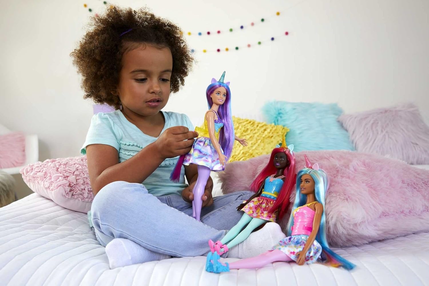 imageBarbie Dreamtopia Unicorn Fashion Doll with Blue amp Purple Hair Wesring Removable Skirt amp Accessories Including Pink Unicorn Headband amp TailMulticolor