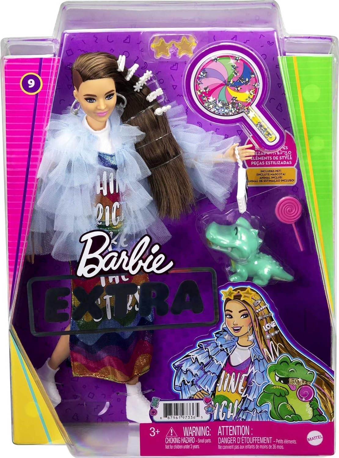 imageBarbie Extra Doll amp Accessories with Long Brunette Hair and Bling Clips in MultiColored Dress with Pet Crocodile
