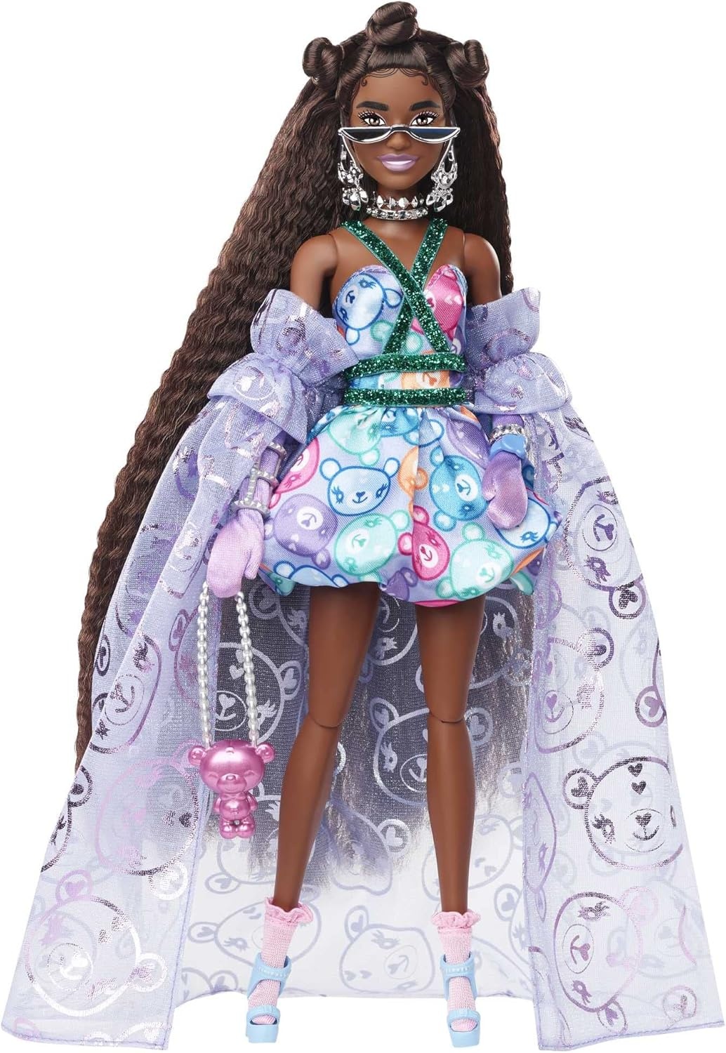 imageBarbie Extra Fancy Fashion Doll amp Accessories Dressed in a TeddyPrint Gown with Sheer Train Plus Teddy Bear Pet