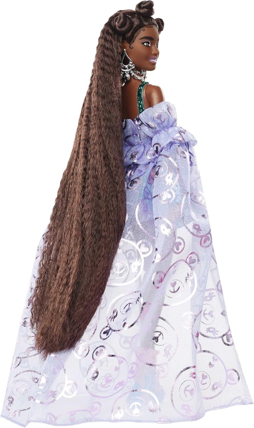imageBarbie Extra Fancy Fashion Doll amp Accessories Dressed in a TeddyPrint Gown with Sheer Train Plus Teddy Bear Pet