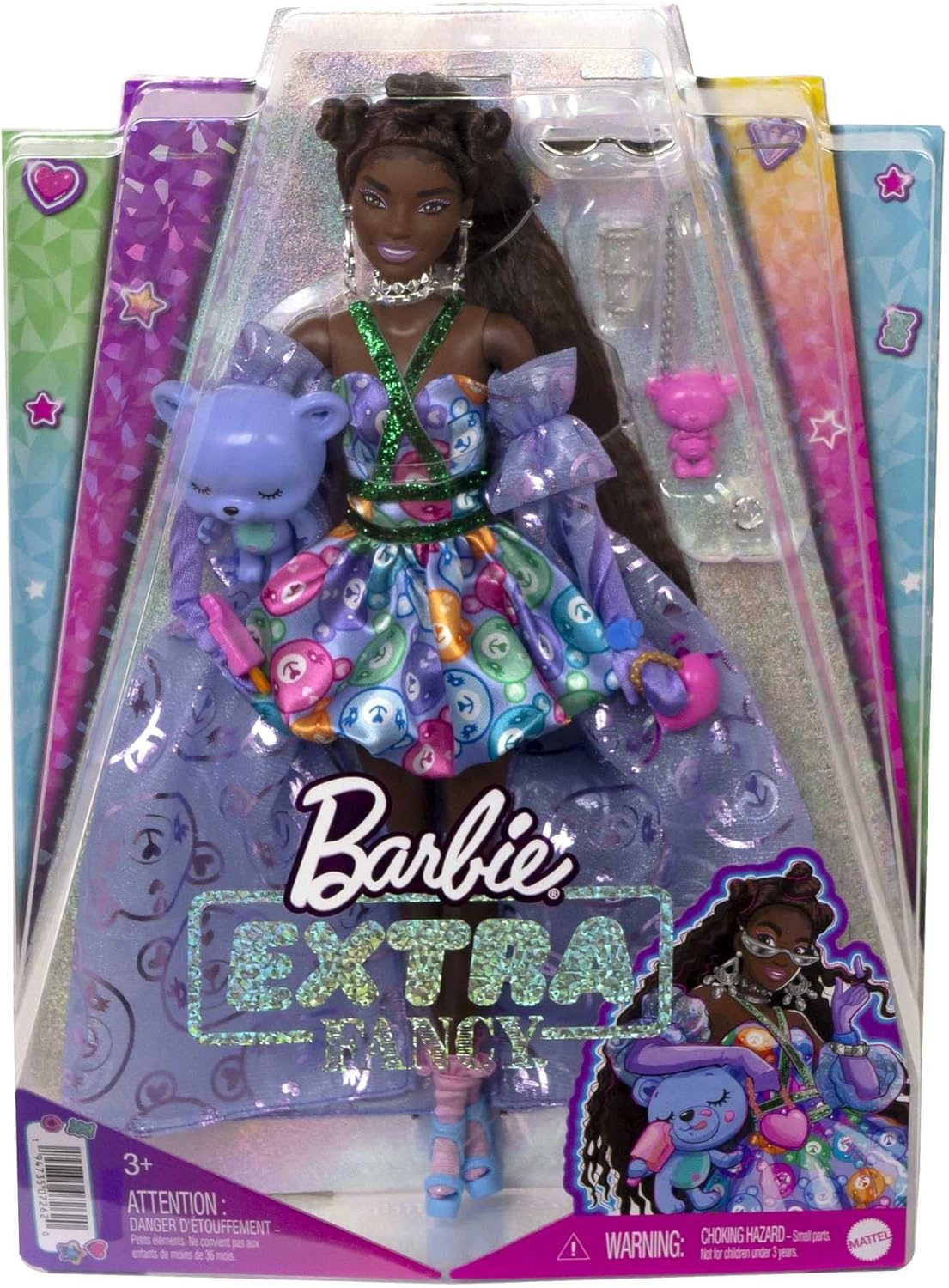 imageBarbie Extra Fancy Fashion Doll amp Accessories Dressed in a TeddyPrint Gown with Sheer Train Plus Teddy Bear Pet