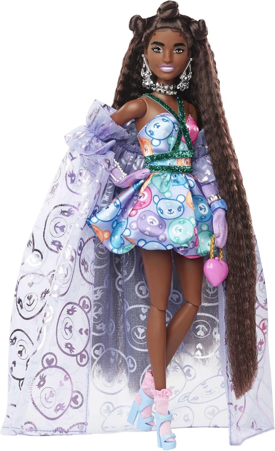 imageBarbie Extra Fancy Fashion Doll amp Accessories Dressed in a TeddyPrint Gown with Sheer Train Plus Teddy Bear Pet