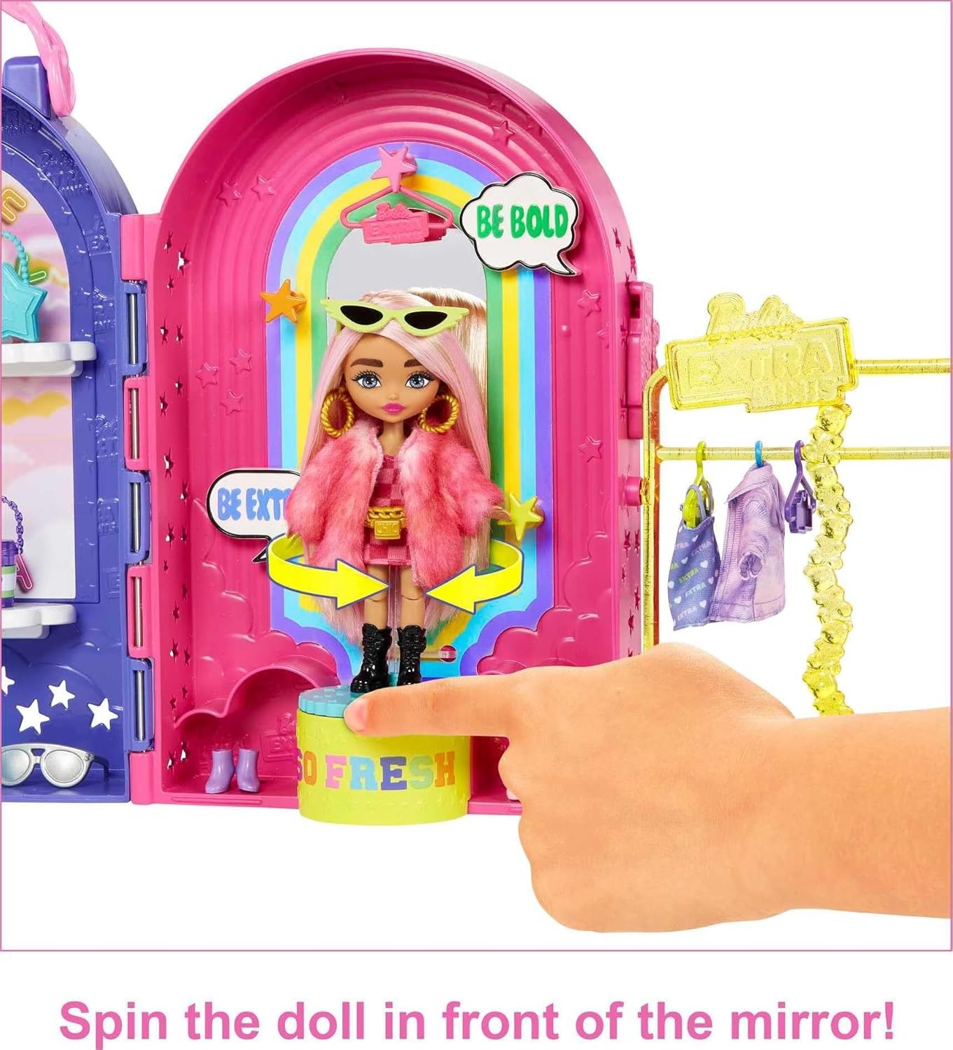 imageBarbie Extra Minis Doll amp Fashion Playset with 15 Pieces Boutique with Small Doll Clothes amp Accessories Including Gummy Bear Keychain