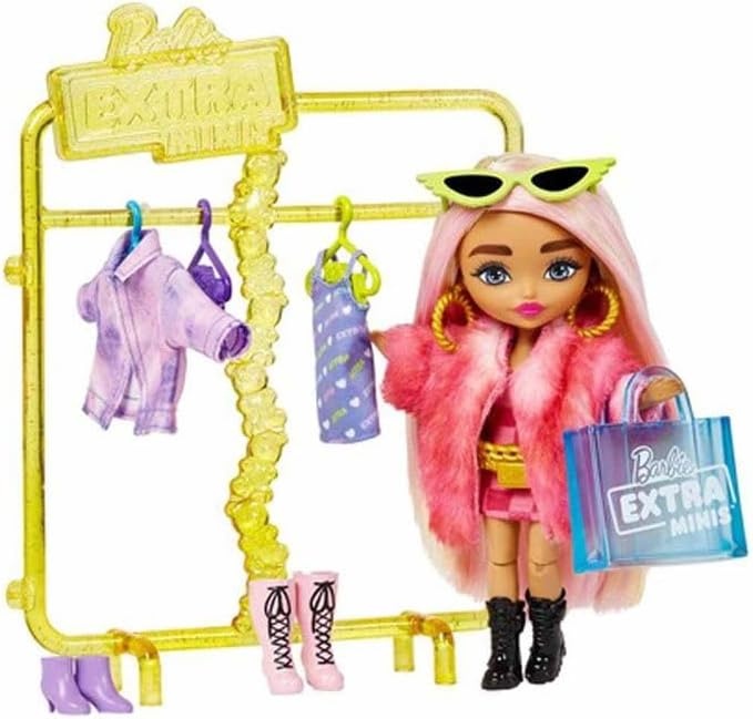 imageBarbie Extra Minis Doll amp Fashion Playset with 15 Pieces Boutique with Small Doll Clothes amp Accessories Including Gummy Bear Keychain