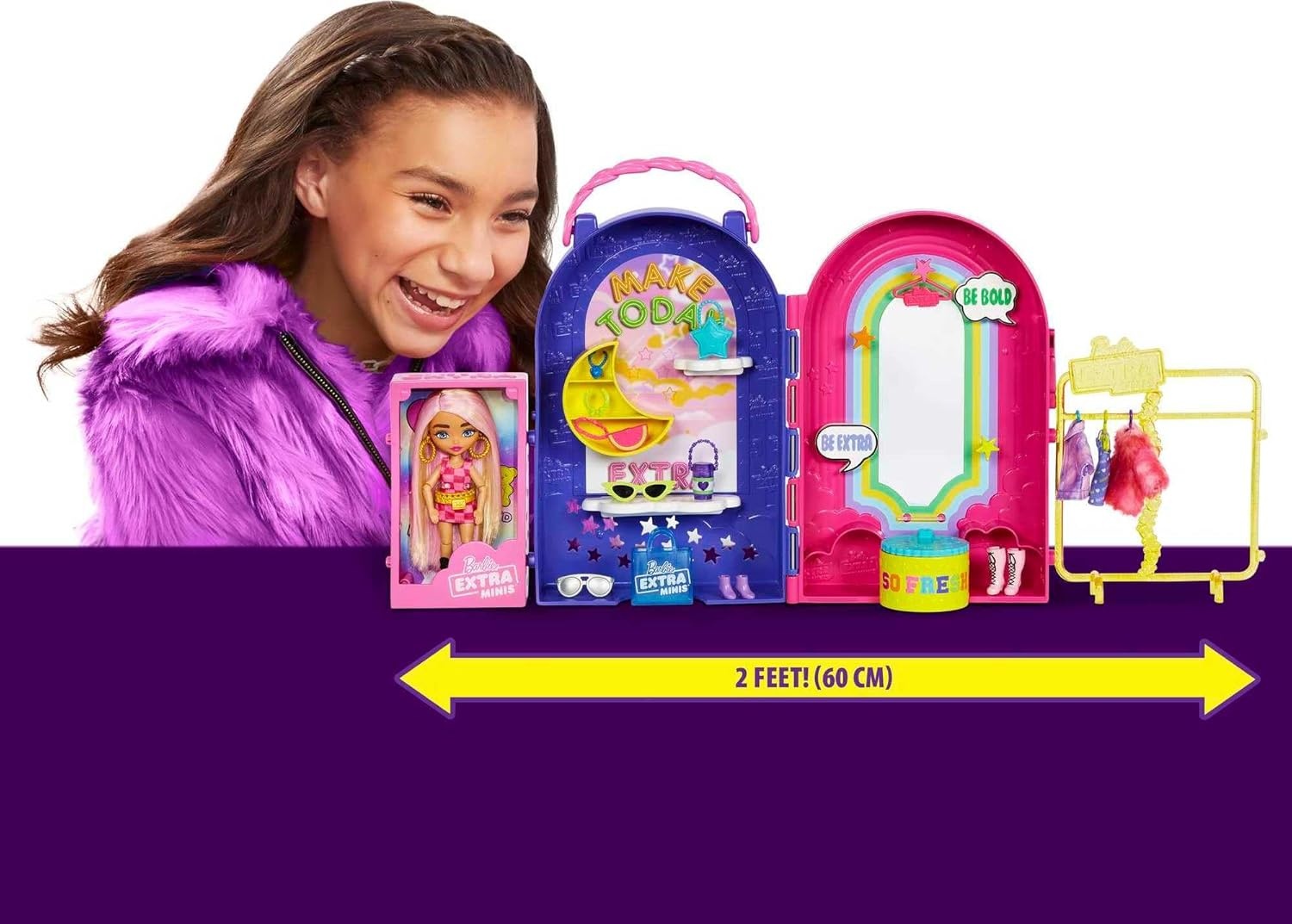 imageBarbie Extra Minis Doll amp Fashion Playset with 15 Pieces Boutique with Small Doll Clothes amp Accessories Including Gummy Bear Keychain