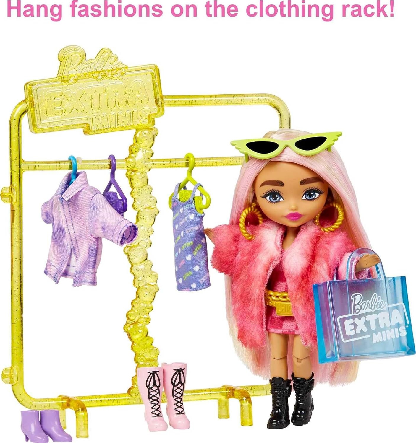 imageBarbie Extra Minis Doll amp Fashion Playset with 15 Pieces Boutique with Small Doll Clothes amp Accessories Including Gummy Bear Keychain