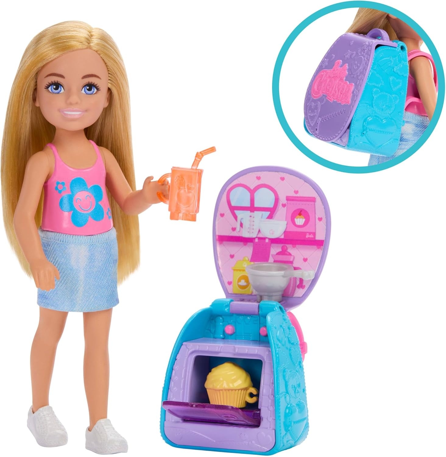 imageBarbie Family amp Friends Cupcake Baking Backpack Blonde Chelsea Doll Wearable Backpack with Baking Play Pieces