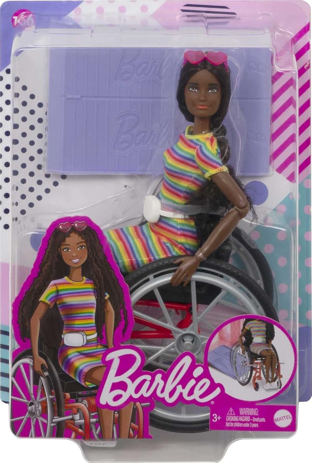 imageBarbie Fashionistas Doll 166 with Wheelchair amp Crimped Brunette Hair Wearing RainbowStriped Dress White Sneakers Sunglasses amp Fanny Pack Toy for Kids 3 to 8 Years Old