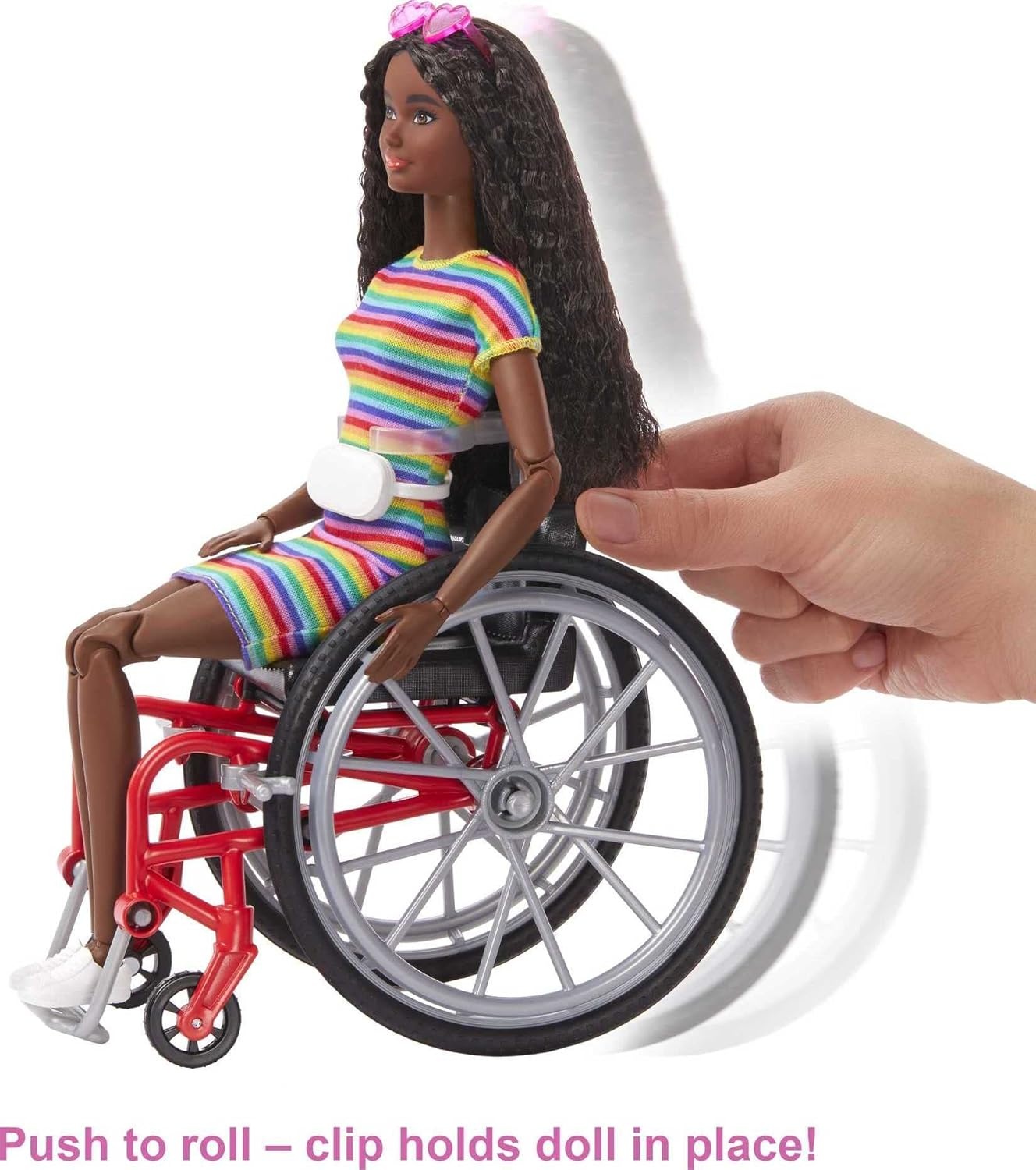 imageBarbie Fashionistas Doll 166 with Wheelchair amp Crimped Brunette Hair Wearing RainbowStriped Dress White Sneakers Sunglasses amp Fanny Pack Toy for Kids 3 to 8 Years Old