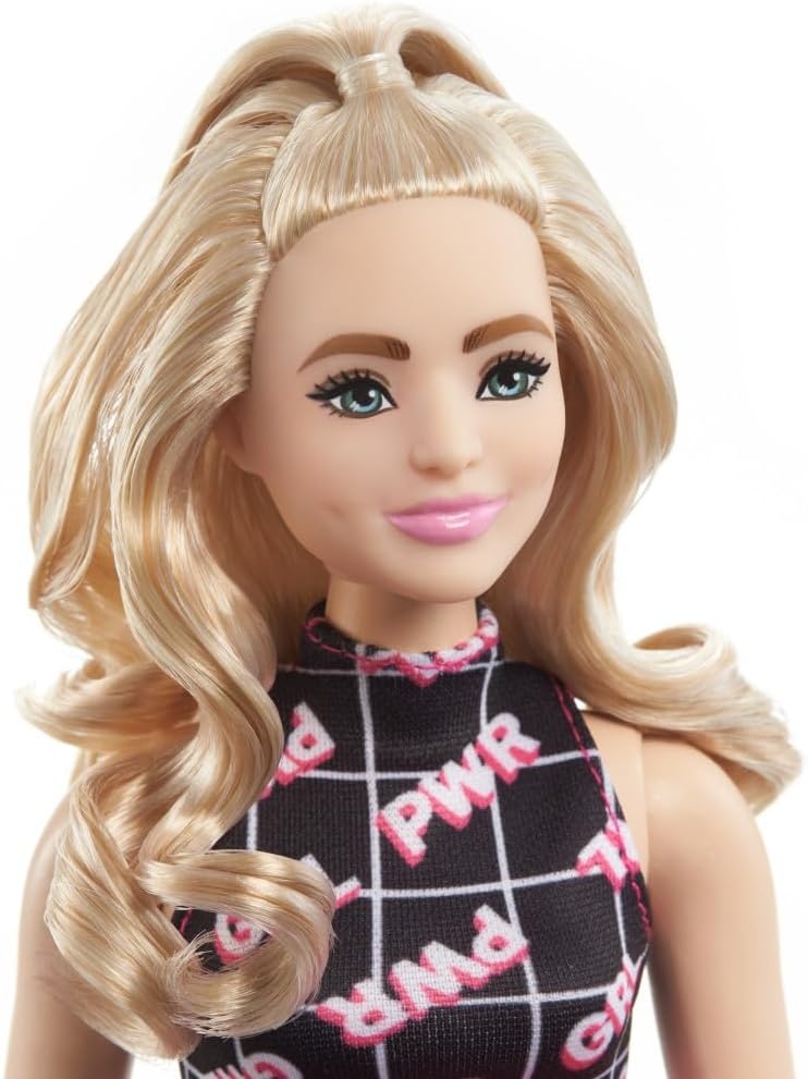 imageBarbie Fashionistas Doll 199 Curvy amp Tall with Wavy Black Hair Gingham CutOut Dress amp Accessories Including Shoes amp ScrunchieStyle BraceletGirl Power