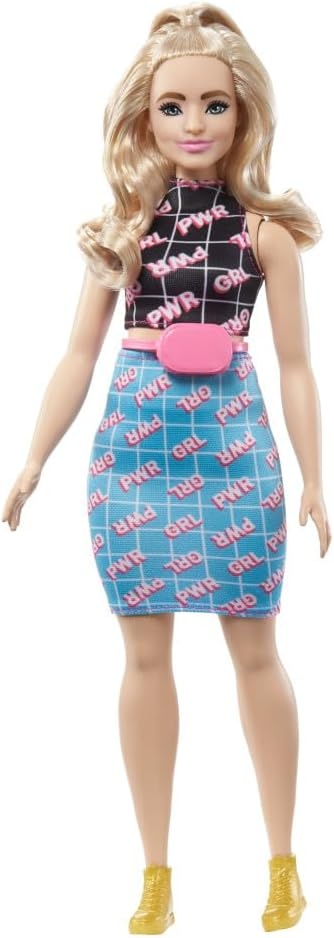 imageBarbie Fashionistas Doll 199 Curvy amp Tall with Wavy Black Hair Gingham CutOut Dress amp Accessories Including Shoes amp ScrunchieStyle BraceletGirl Power