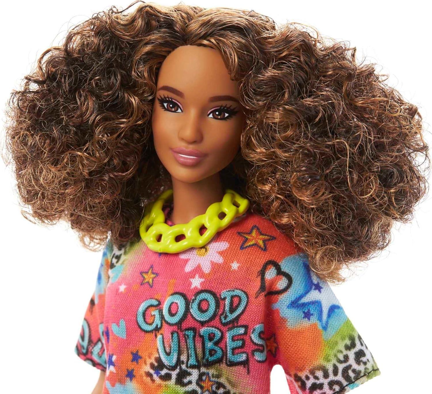 imageBarbie Fashionistas Doll 199 Curvy amp Tall with Wavy Black Hair Gingham CutOut Dress amp Accessories Including Shoes amp ScrunchieStyle BraceletGood Vibes TShirt Dress