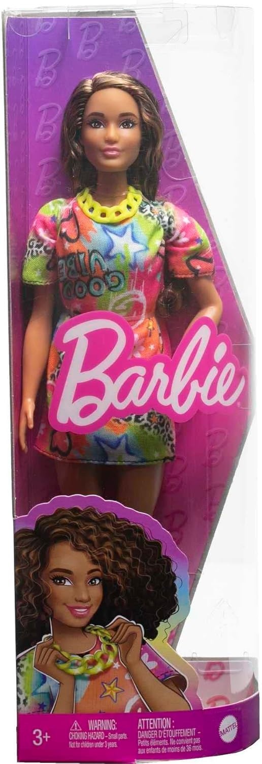 imageBarbie Fashionistas Doll 199 Curvy amp Tall with Wavy Black Hair Gingham CutOut Dress amp Accessories Including Shoes amp ScrunchieStyle BraceletGood Vibes TShirt Dress