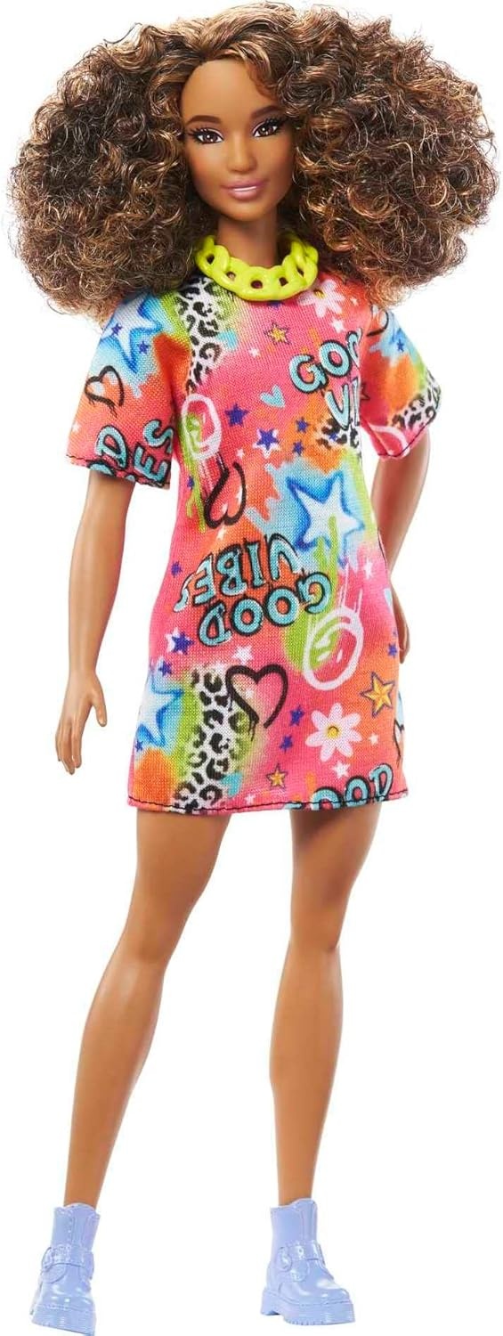 imageBarbie Fashionistas Doll 199 Curvy amp Tall with Wavy Black Hair Gingham CutOut Dress amp Accessories Including Shoes amp ScrunchieStyle BraceletGood Vibes TShirt Dress