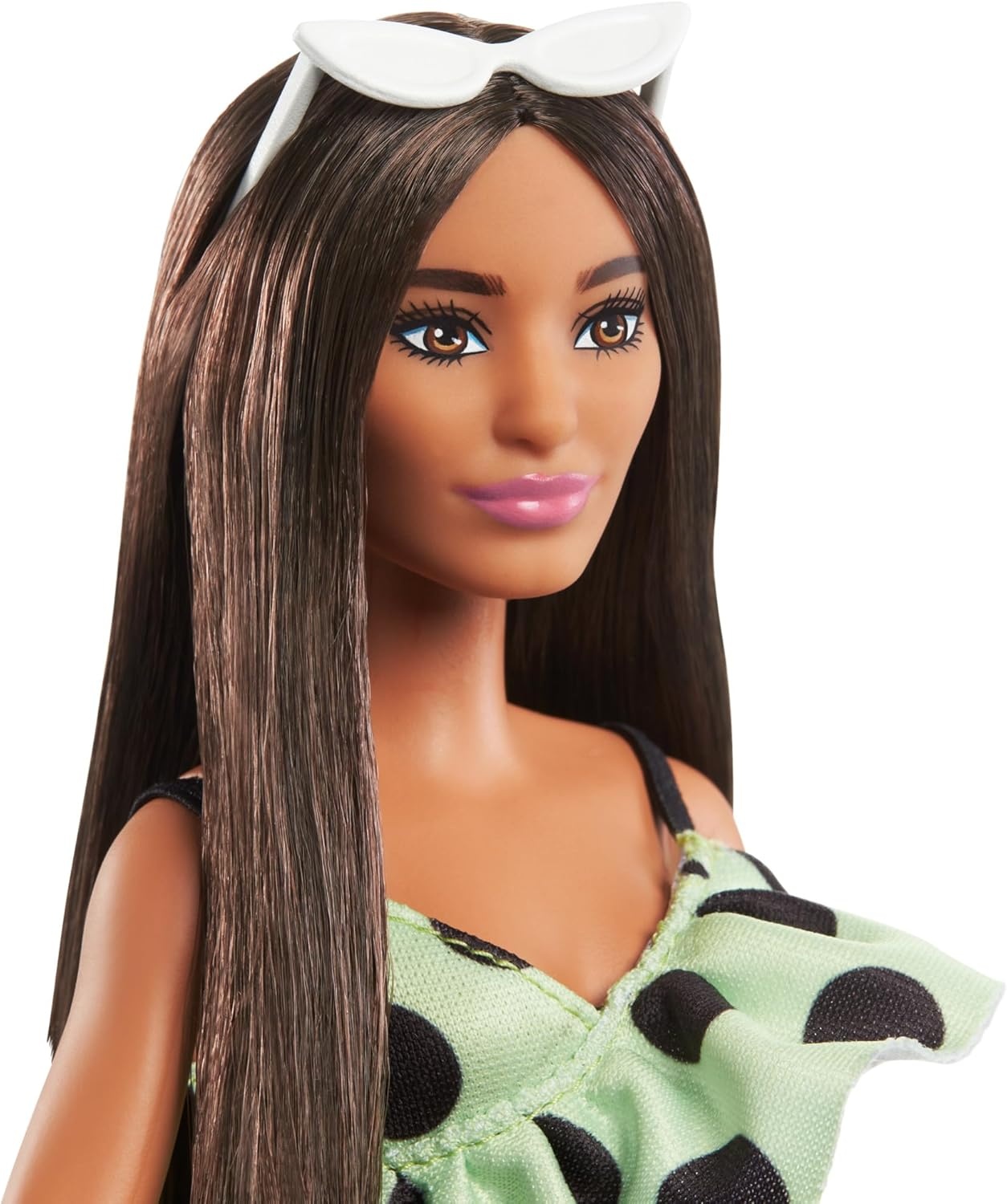 imageBarbie Fashionistas Doll 199 Curvy amp Tall with Wavy Black Hair Gingham CutOut Dress amp Accessories Including Shoes amp ScrunchieStyle BraceletGreen Polka Dots