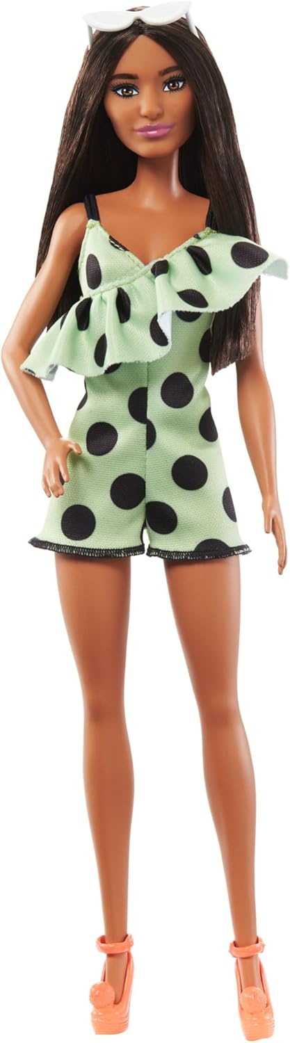 imageBarbie Fashionistas Doll 199 Curvy amp Tall with Wavy Black Hair Gingham CutOut Dress amp Accessories Including Shoes amp ScrunchieStyle BraceletGreen Polka Dots