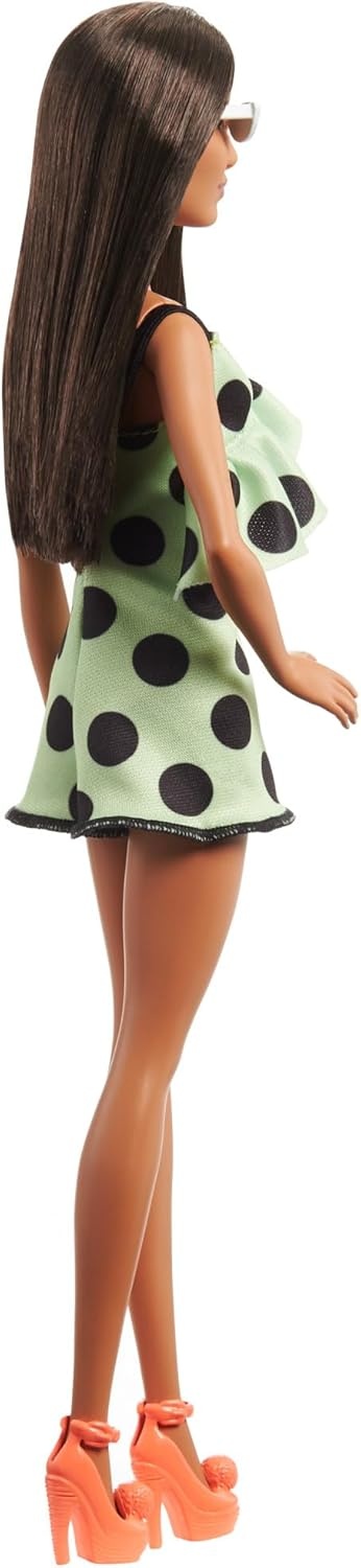 imageBarbie Fashionistas Doll 199 Curvy amp Tall with Wavy Black Hair Gingham CutOut Dress amp Accessories Including Shoes amp ScrunchieStyle BraceletGreen Polka Dots