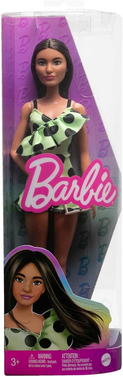 imageBarbie Fashionistas Doll 199 Curvy amp Tall with Wavy Black Hair Gingham CutOut Dress amp Accessories Including Shoes amp ScrunchieStyle BraceletGreen Polka Dots