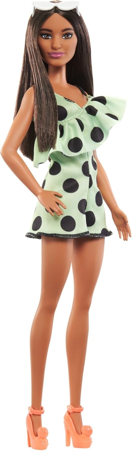 imageBarbie Fashionistas Doll 199 Curvy amp Tall with Wavy Black Hair Gingham CutOut Dress amp Accessories Including Shoes amp ScrunchieStyle BraceletGreen Polka Dots